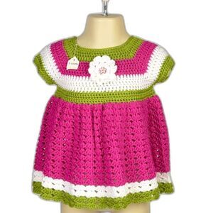 Summer Watermelon Pink White Green Yellow Flower Crochet Pinafore Size 3-6 month